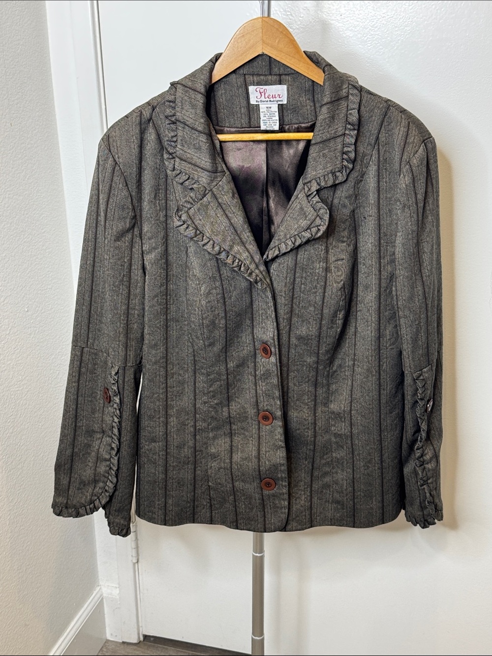 Fleur Pinstripe‎ Ruffle-Trim Blazer Y2K Retro Workwear